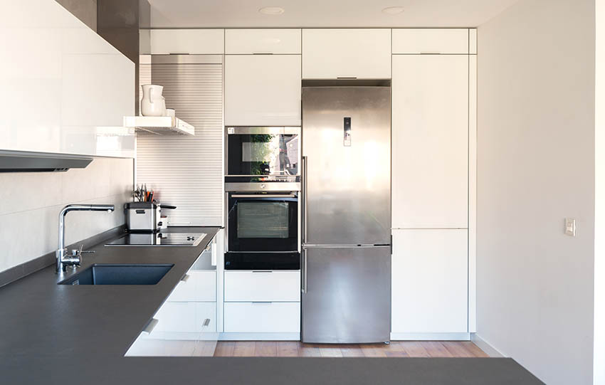 Modern white cabinet kitchen with stainless steel hidden edge pulls