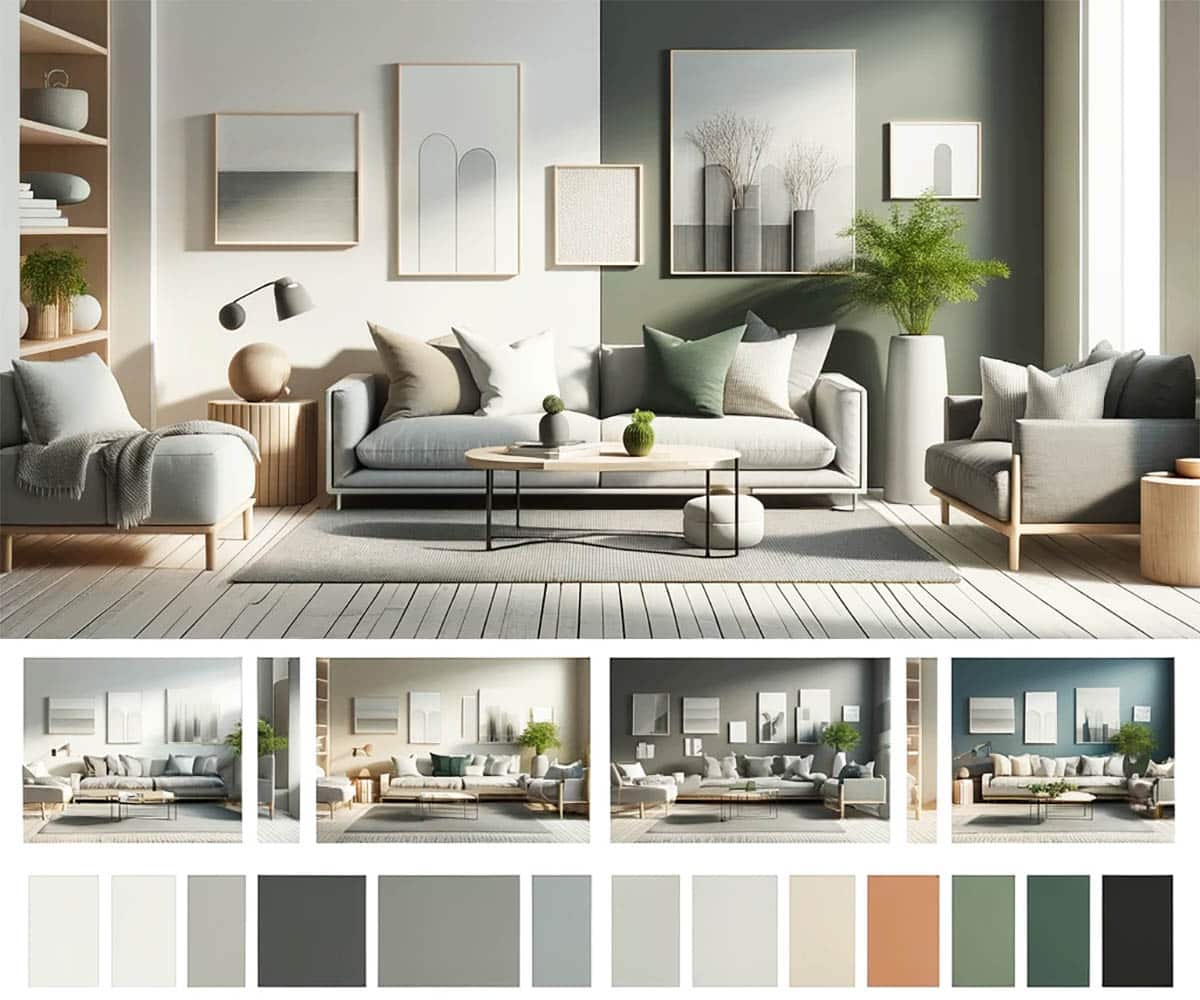 moodboard with different color schemes paired with gray toned furniture