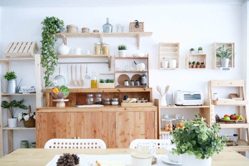 Pine wood Japanese counter kitchen, slatted shelving and dining table