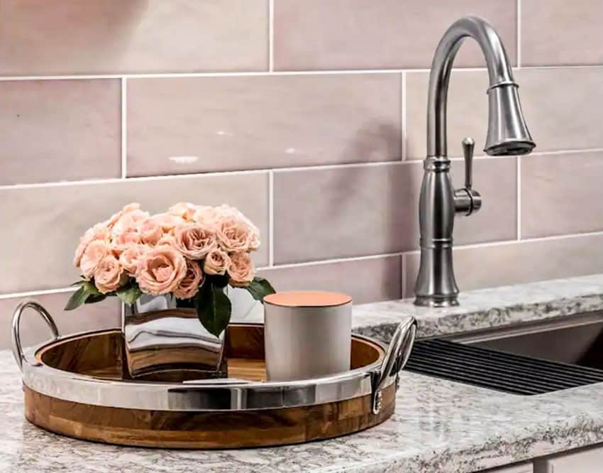 Pink backsplash for kitchens with cherry cabinets