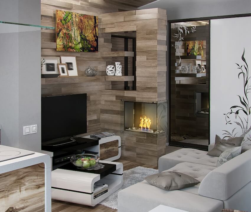 Stylish living room interior with gray sofa, patterned wood accent walls and shelves