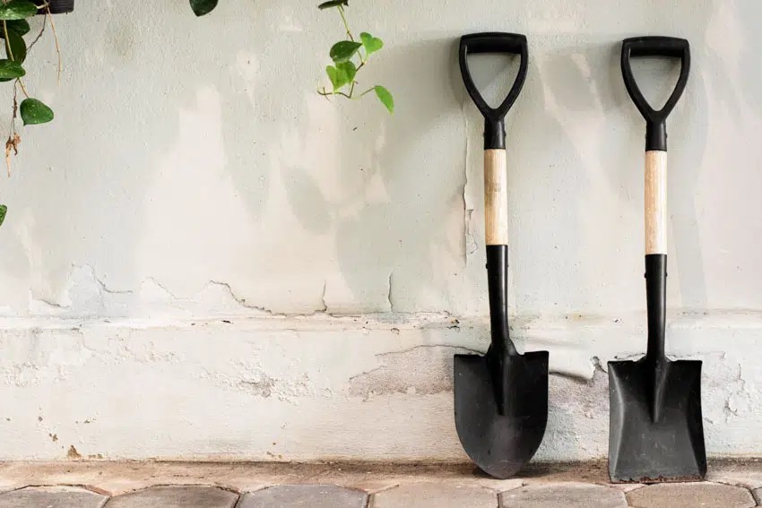 Two shovels on a wall