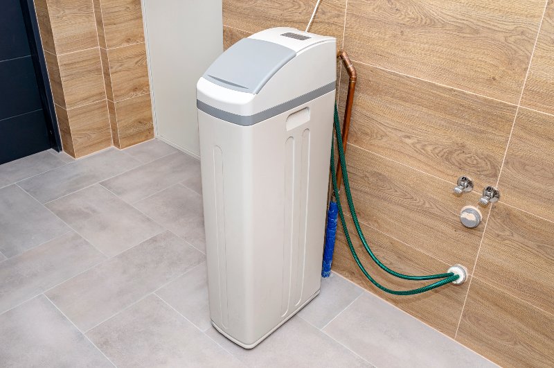 Water softener standing in the boiler room with the lid closed