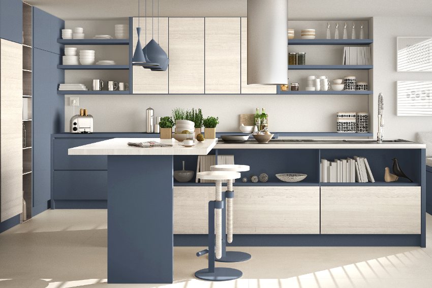 White and blue minimalistic interior design kitchen with recessed shelves