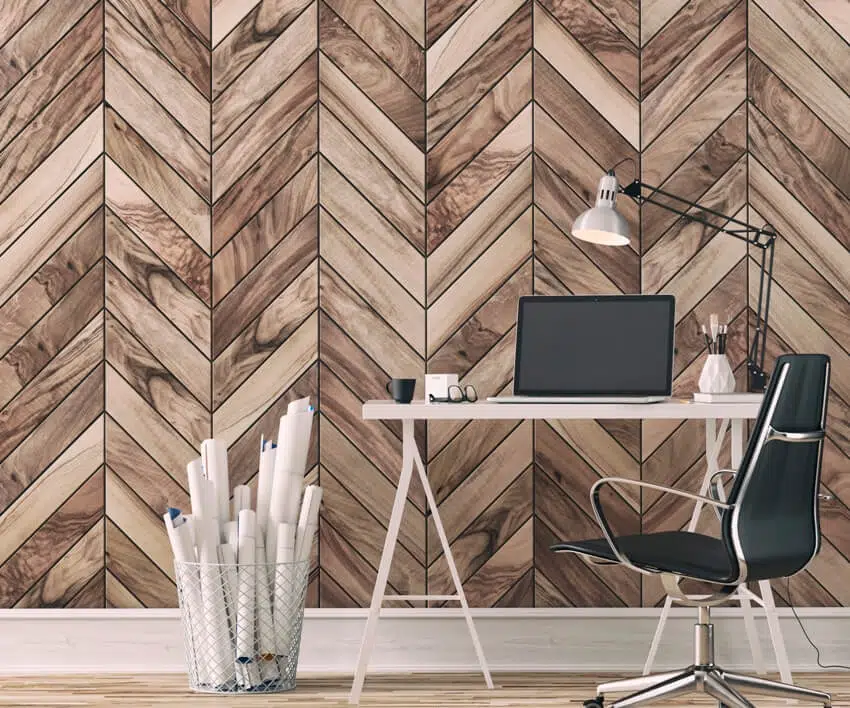 Room with workdesk and herringbone design wall
