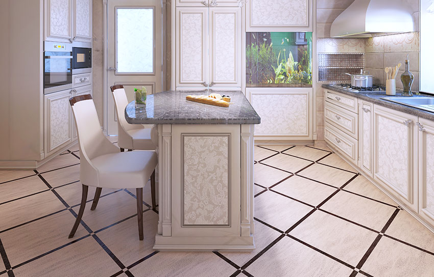 Elegant kitchen with diagonal tile layout wallpaper cabinets kitchen island granite countertop wall oven big rangehood