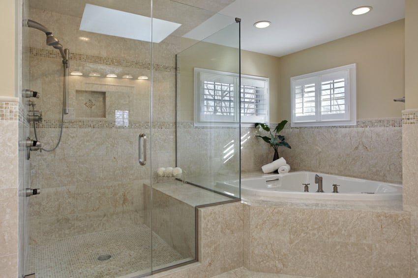 Bathroom with shower, glass enclosure, tub, listello tile, skylight window, and ceiling lights