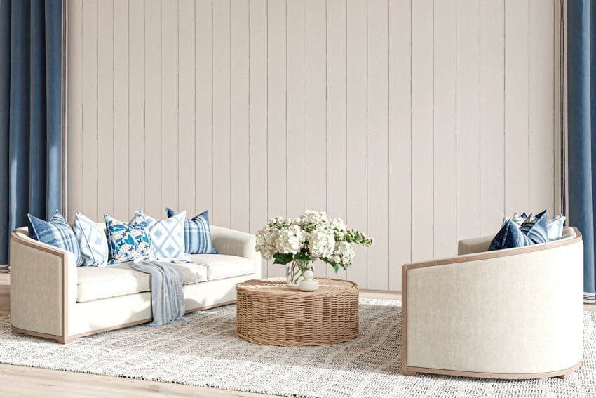 A beautiful coastal design living room with vertical shiplap wall