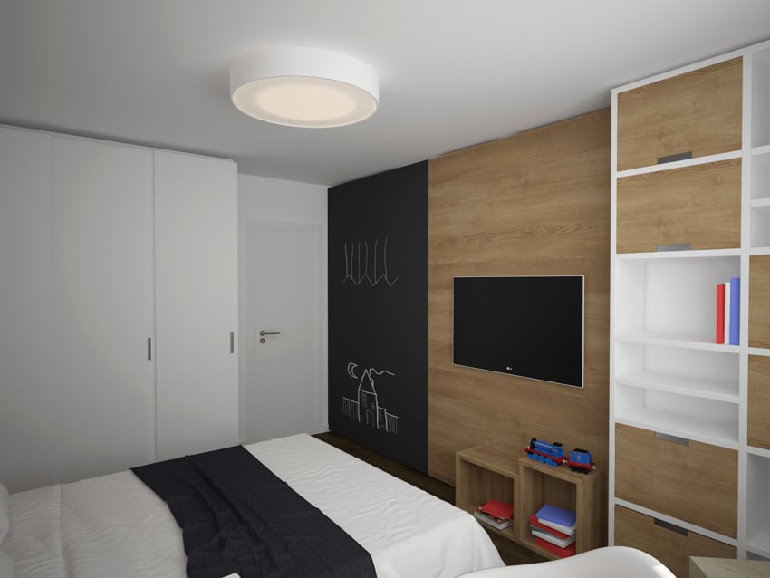Bedroom with semi flush mounted light, shelves, television, and cabinets