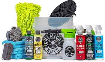 Car wash kit with foam gun bucket and car care cleaning chemicals