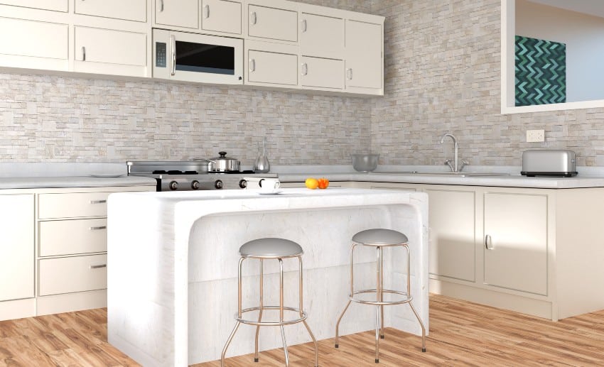 Contemporary kitchen interior design with slate kitchen backsplash, cabinets and island