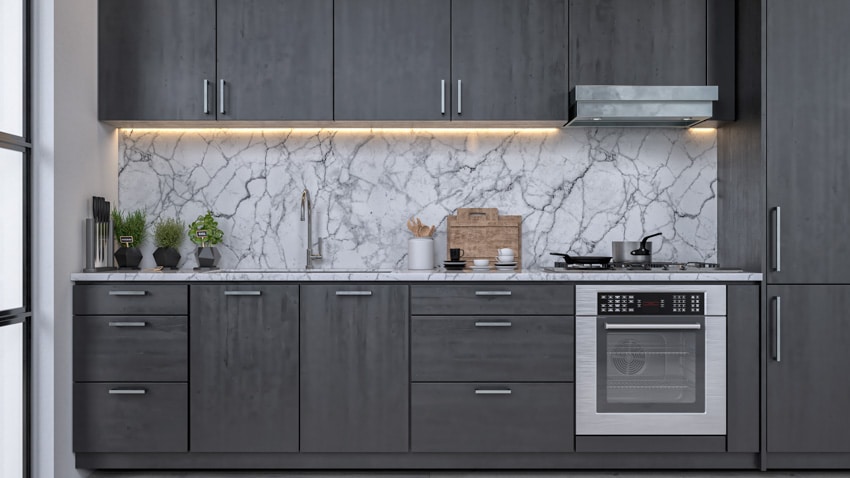 Marble used in small kitchen with dark grey striations 