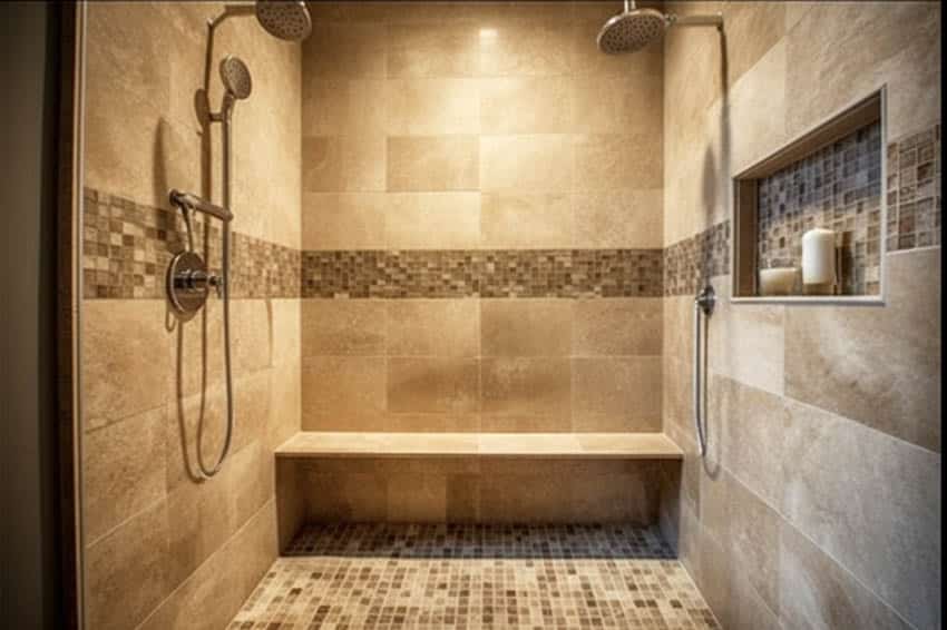 Contemporary shower with glass listello tile border