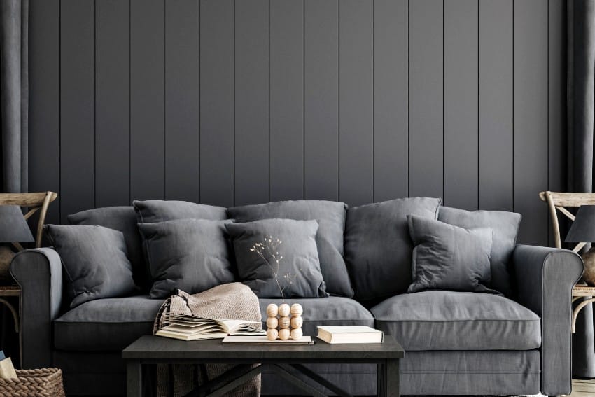 Cozy black modern farmhouse living room interior with black shiplap wall