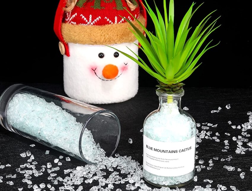 Crushed glass vase filler in a vase and a christmas decor