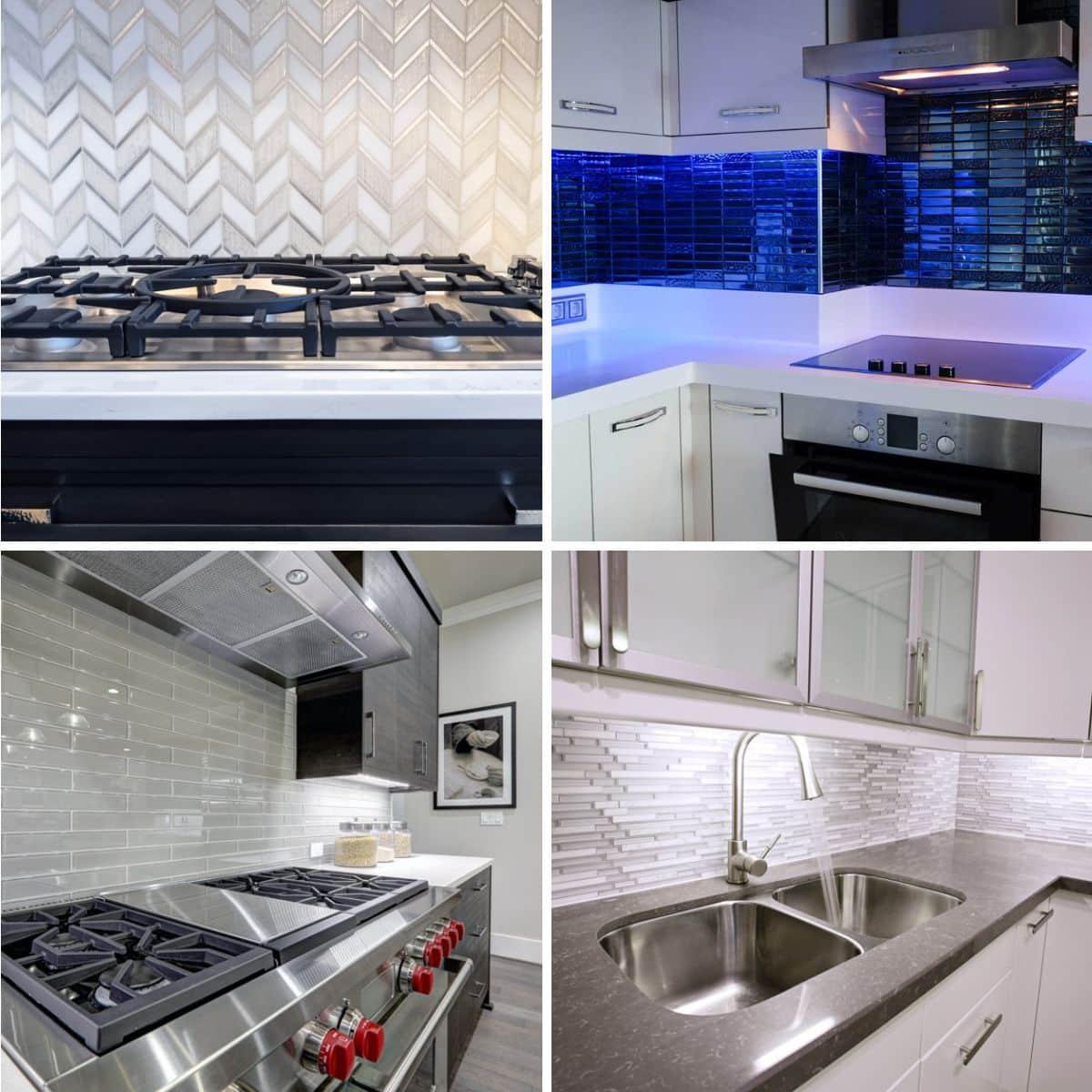 different kitchens with glass type tile backsplash