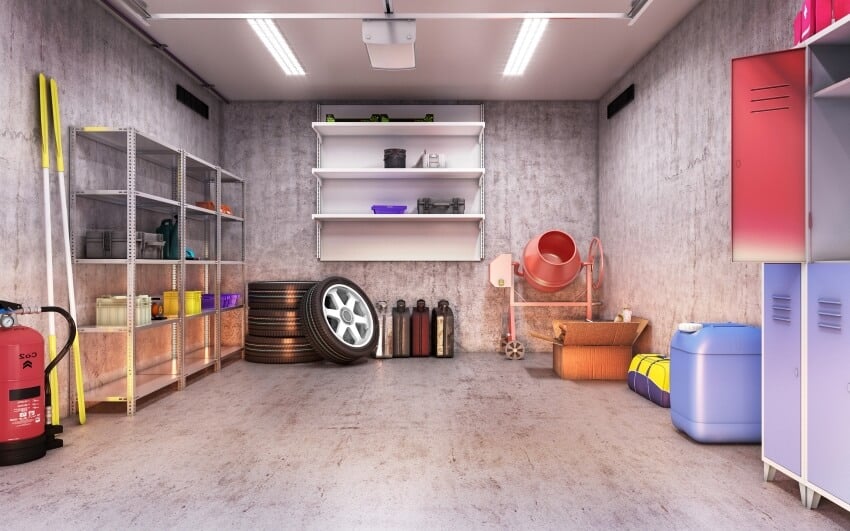 Garage interior with shelves, cabinets, tools, and accessories
