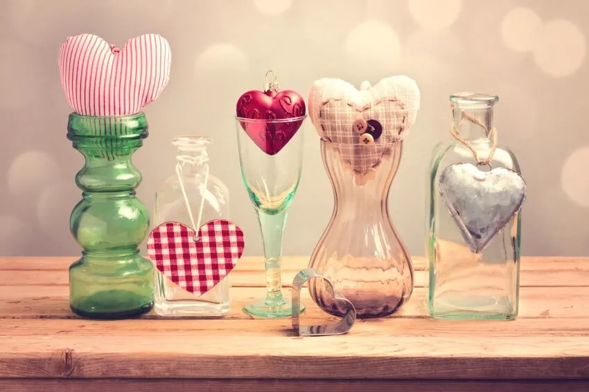 Heart shaped valentines day decors in different vases 