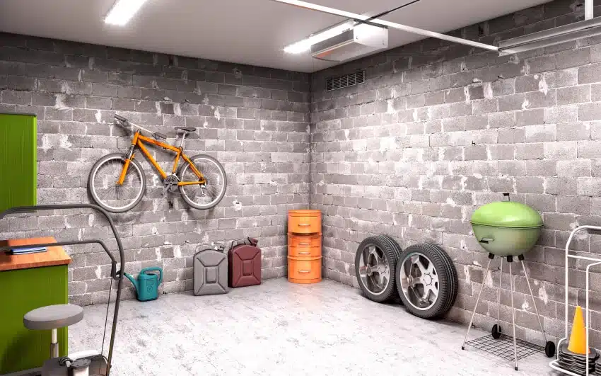 Hollow concrete blocks wall of a garage with bike hoist, tires, and barbecue grill