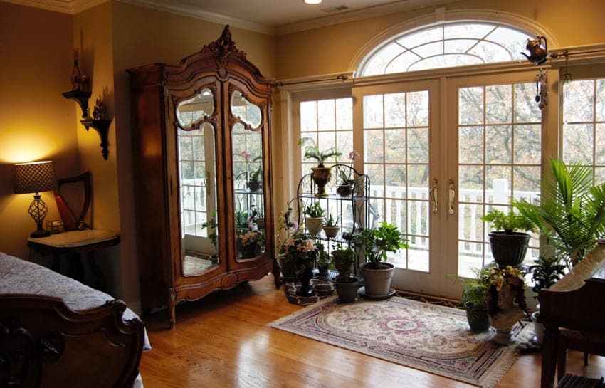 Home interior with mirrored entryway armoire, glass door, indoor plants, and wood floor