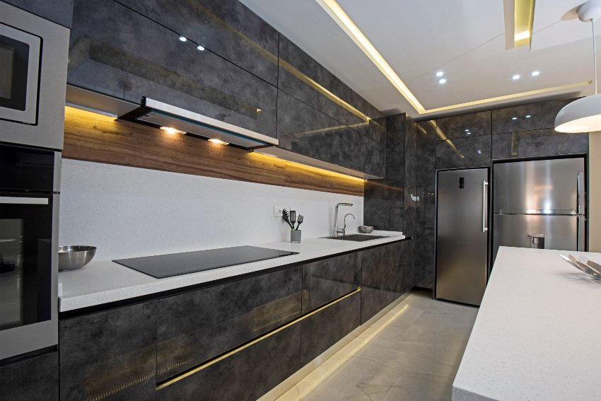 Interior design decor showing modern kitchen with pvc kitchen cabinets in luxury apartment