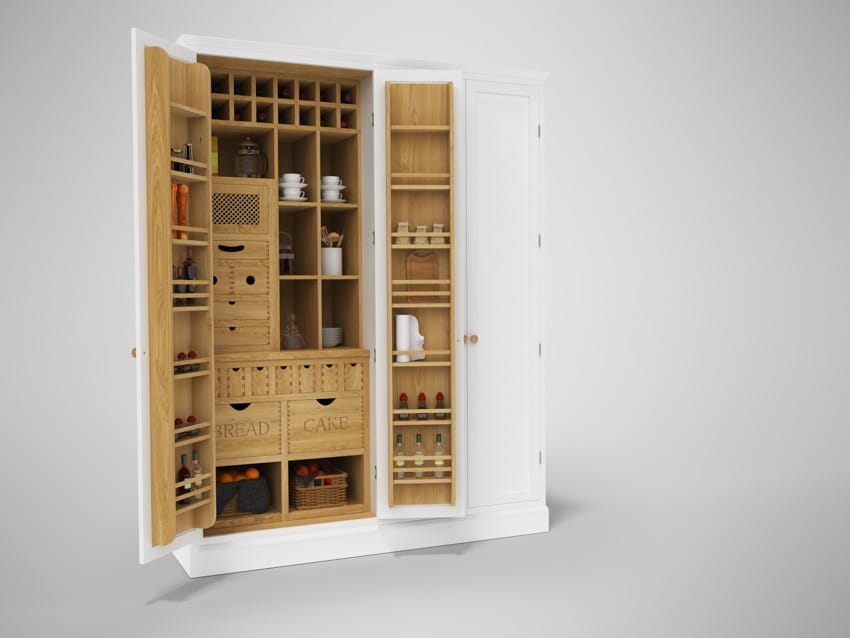 Kitchen armoire filled with kitchenware and supplies