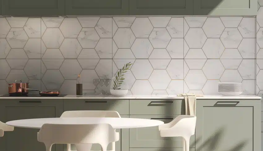 Kitchen with hexagon tile backsplash, countertop, cabinets, table, and chairs