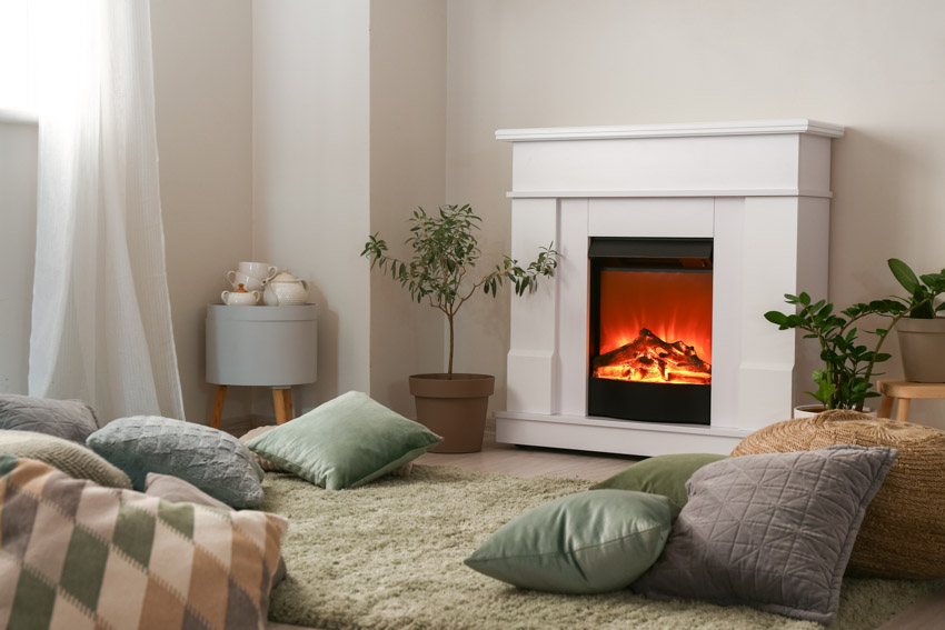 Room with trow pillows on the floor, floor carpet, and potted plants beside mantel