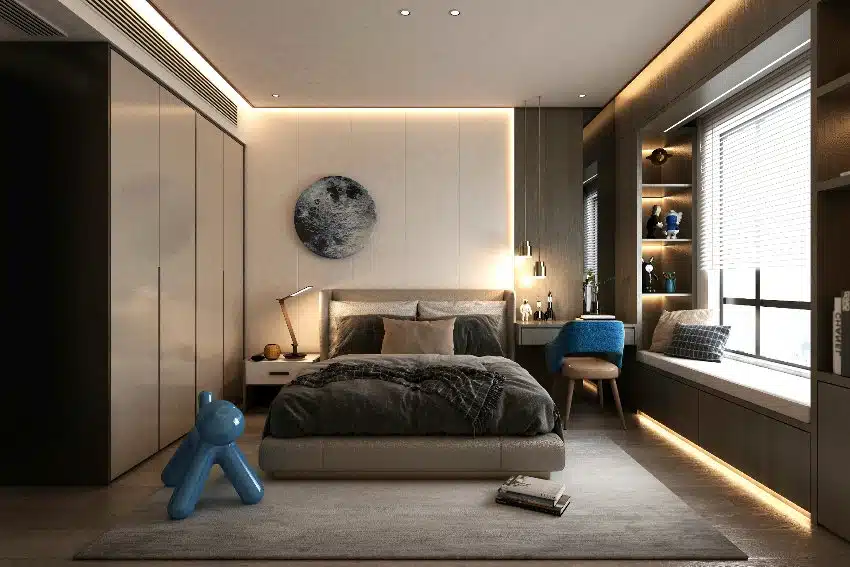 Bedroom with dark and beige tones, window seat and corner lighting