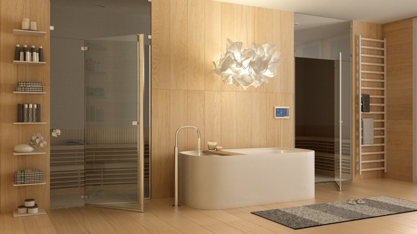 Master bathroom with sauna, glass door, tub, floating shelves, and wood floors