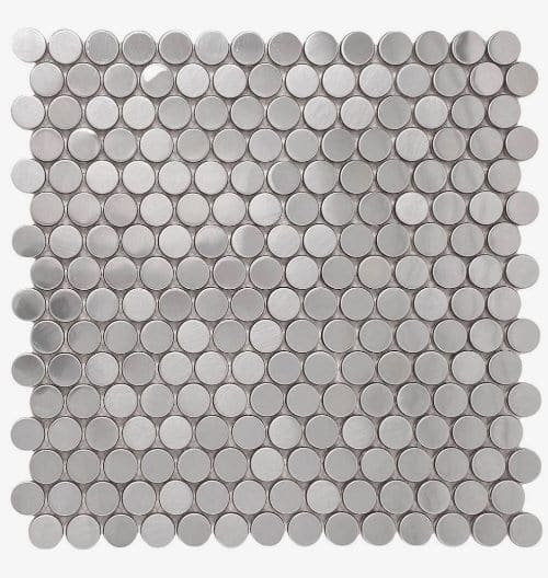 Metallic penny tile backsplash