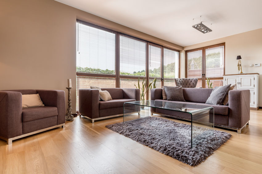 Minimalist living room with cushioned chair, loveseat, couch, rug, glass table, and windows