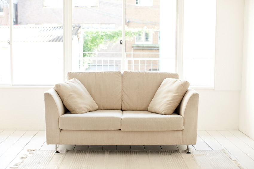 Minimalist living room with cushioned loveseat and windows