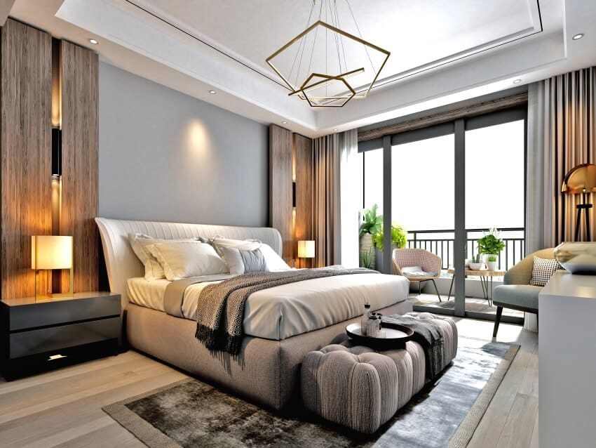 Modern bedroom with behr light french gray and wood interiors, and golden lighting fixtures