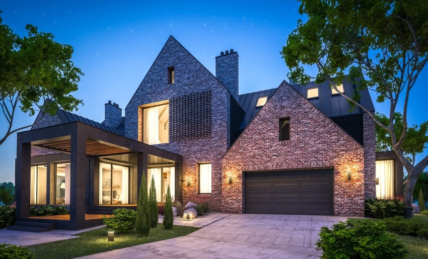 Brick house with attached garage and large porch