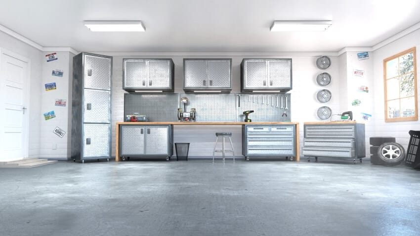 Modern garage with silver cabinet storage and wooden countertops