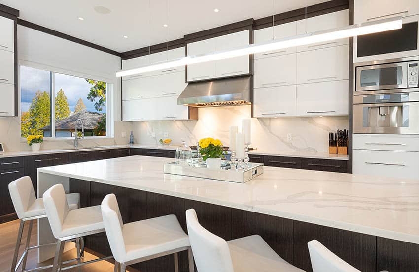 Modern kitchen with porcelain slab backsplash and countertops two tone white black cabinets