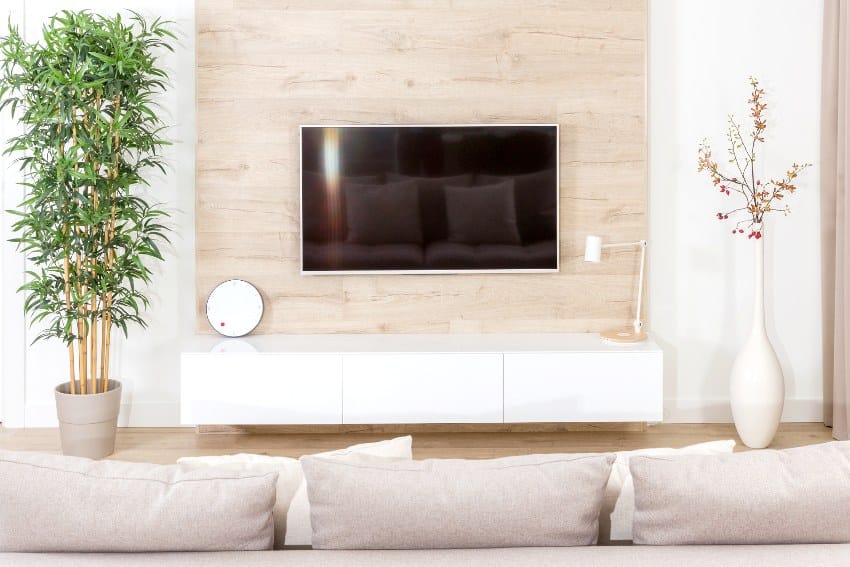A modern light living room with parawood board behind tv, potted plants and a sofa