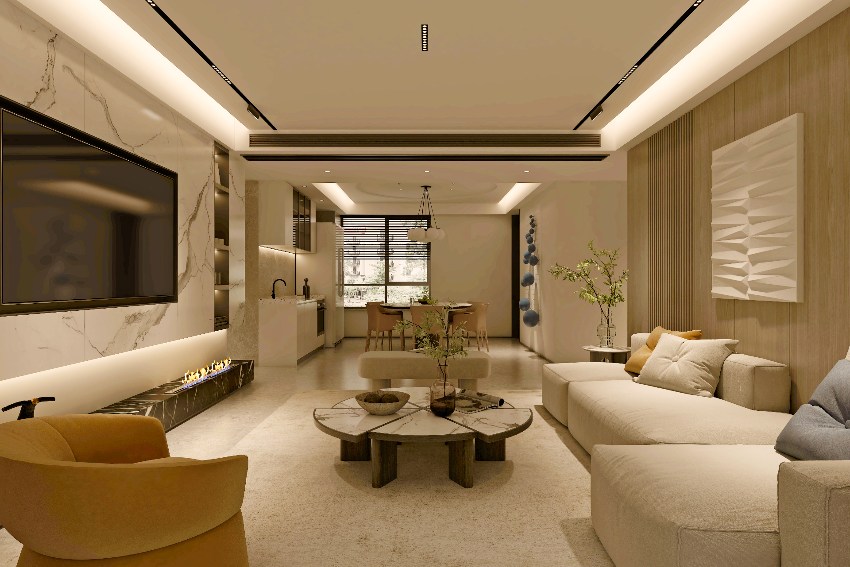 Modern living design with valance fixtures in beige and marble interior, sofa and armchair