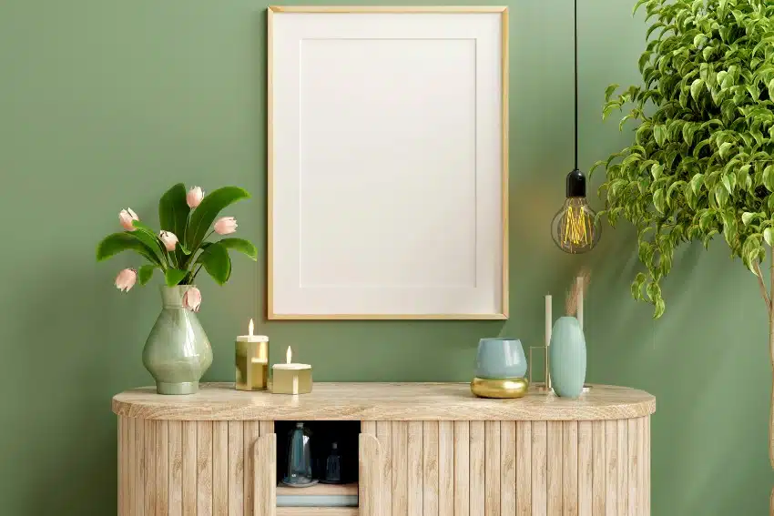 Parawood cabinet with beautiful plants and photo frame on green wall
