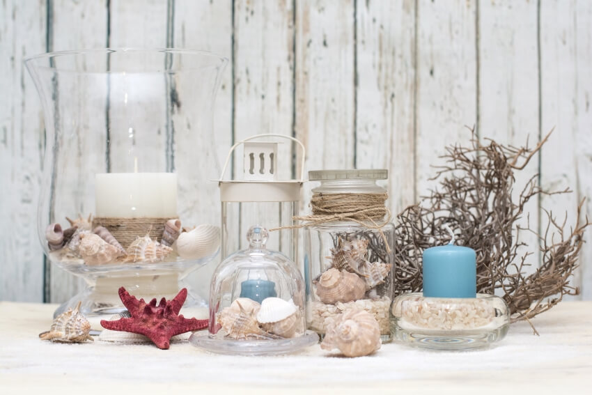 Shells as DIY fillers of different decorative vases