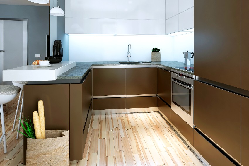 Small kitchen design with wooden floors and white and brown paint pvc cabinets