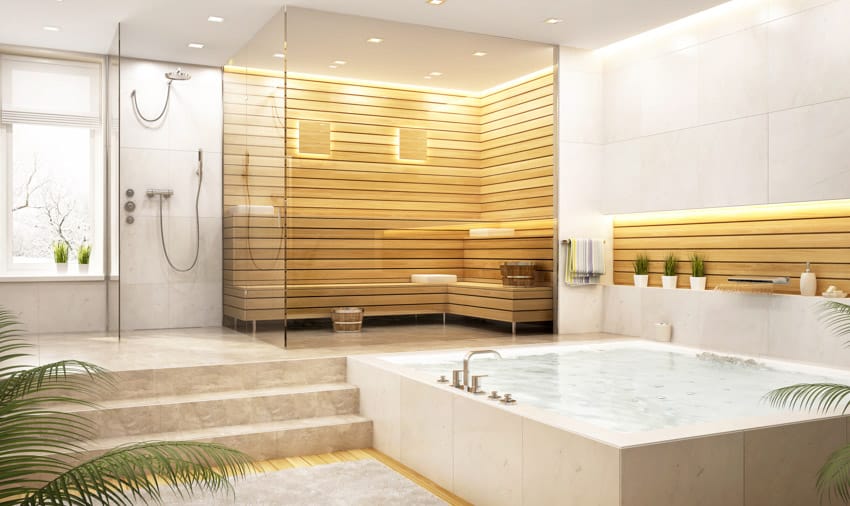 Spacious bathroom with sauna, tub, shower, and ceiling lights