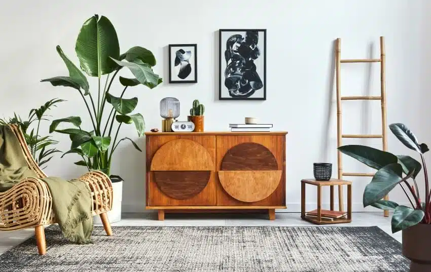 Stylish living room with acacia wood cabinet, black poster frames, armchair, wooden stool, and plants