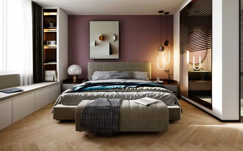 Stylish modern bedroom with purple wall, parquet floor, seating, bench, and pendant lights