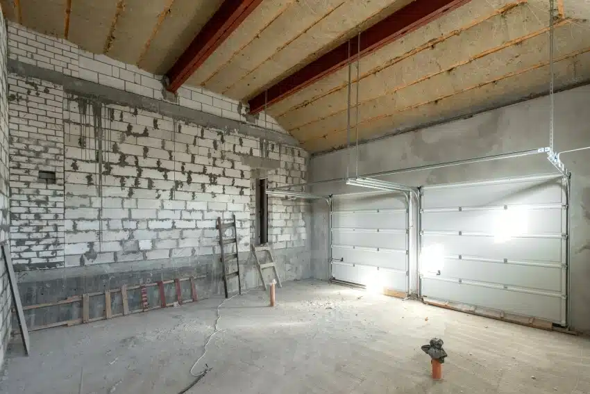 Under construction garage with insulation and beams