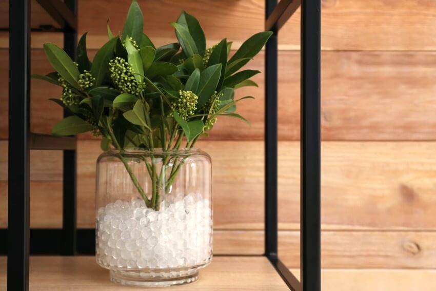 White filler with green branches in glass vase on shelf against wooden wall