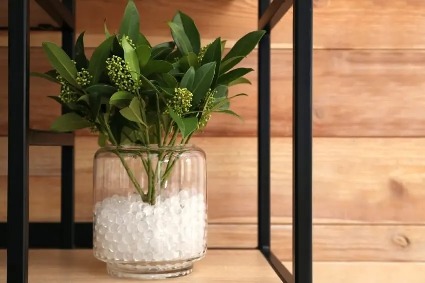 White filler with green branches in a vase on shelf 