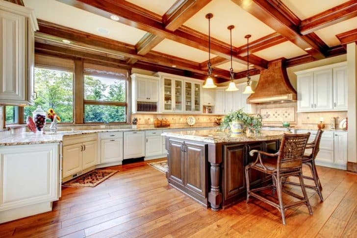 French Country Kitchen Backsplash   French Country Kitchen With Exposed Wood Ceiling Beams Range Hood White Cabinets Island Chairs Window Backsplash And Wooden Floors Is 728x486 