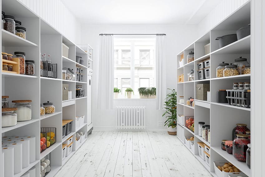 White kitchen with large pantry cabinet shelves